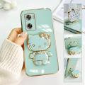 TA for OPPO A57 2022 / A77S Back Cover Hello Kitty Mirror Bracket Luxury 6D Plating Case Soft Silicone Square Phone Case for Girls. 