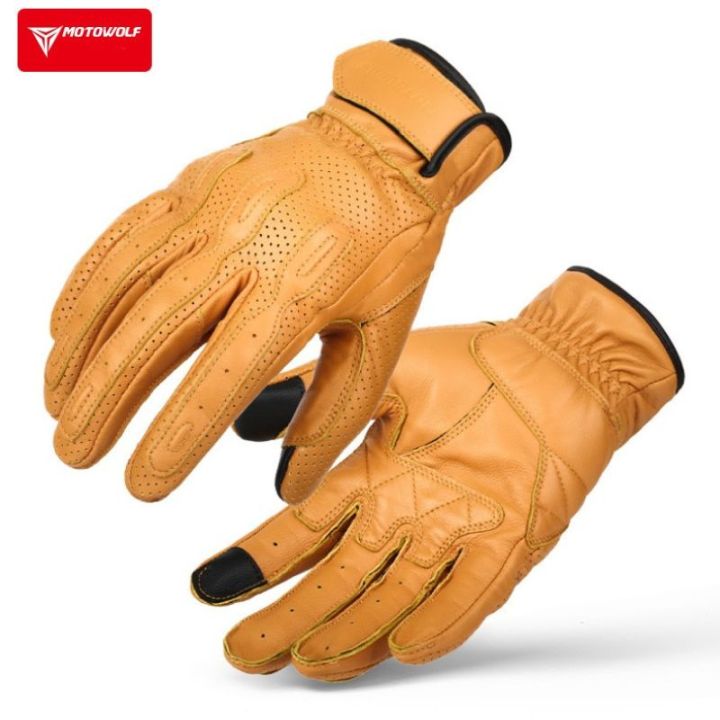 Motowolf Retro Leather Men's Motorcycle Gloves Summer Breathable Motorcyclist Gloves Yellow Black Biker Gloves Perforated
