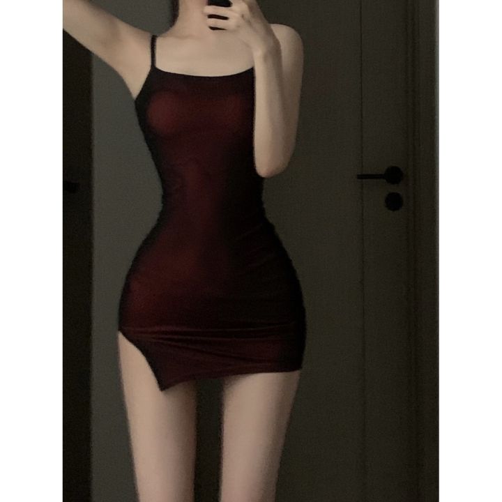 Little Mom Skirt for Women2023Summer New Tight Waist Slimming Hot Girl Style Mesh Spaghetti-Strap Dress Skirt Dress Dress