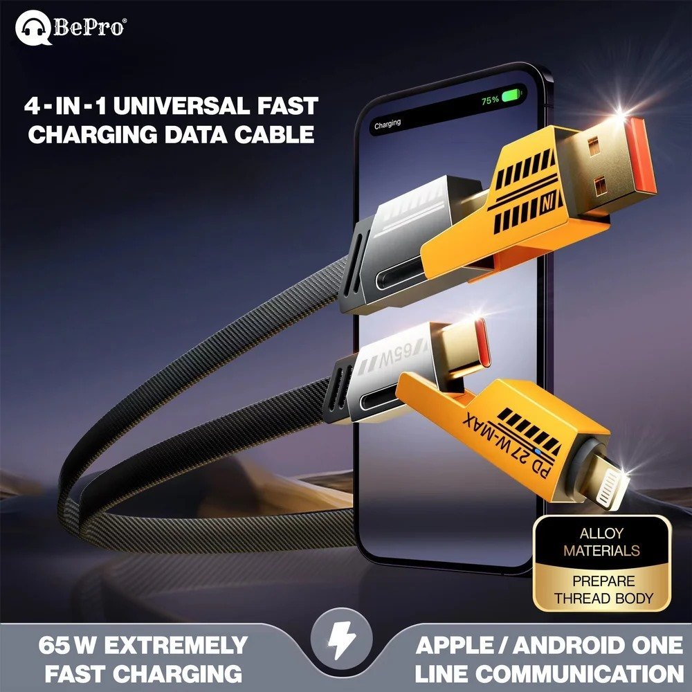 Multifunctional Mecha 4 in 1 Fast Charging 65watt PD Cable with Data Transfer for iPhone, Samsung and Others