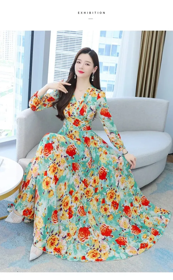chinese dress ladies CABULE Flower Dress Women Floral Chiffon Clothing Maxi Dresses Beach  Elegant Autumn Pink Korean Long Sleeve V-Neck Pink, S : Amazon.de: Fashion main image 0