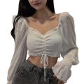 Women Smocked Crop Tops, Long Puff Sleeve Off Shoulder Solid Color Drawstring Shirts. 