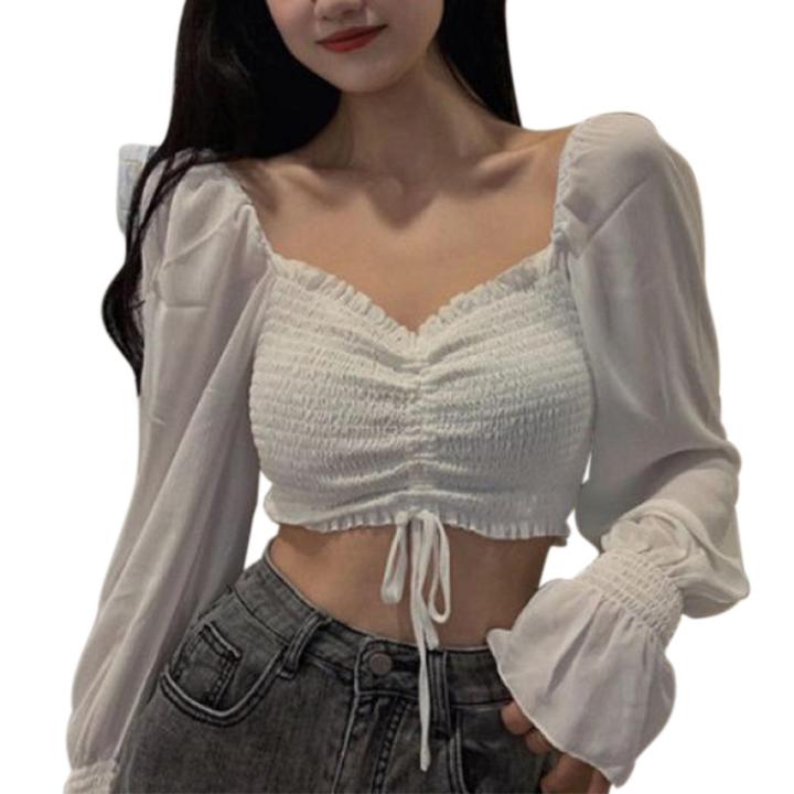Women Smocked Crop Tops, Long Puff Sleeve Off Shoulder Solid