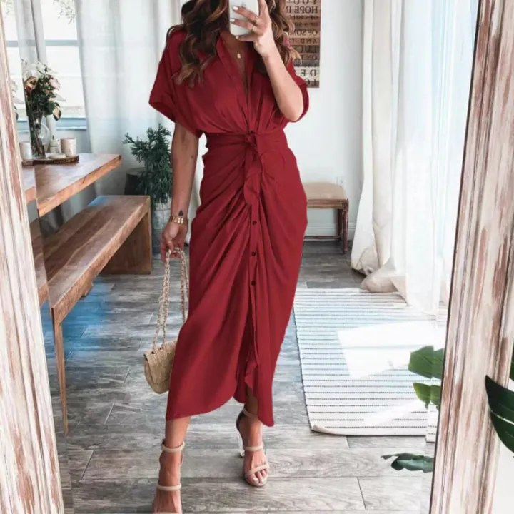 Fashion%20Sexy%20Deep%20V%20Draped%20Shirt%20Long%20Dress%20Casual%20Lady%20Button%20Slit%20Bandage%20Beach%20Dress%20Women%20Elegant%20Short%20Sleeve%20Party%20Dresses%20-%20Image%202