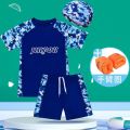 Big Kids Swimsuit Children's Swimsuit Boys' Split Medium and Big Children Fat Boys Teenagers Sun Protection Swimming Cap Swim Trunks Set. 
