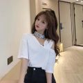 35 Summer New Korean Style Sense of Design Tie Neck off Shoulder Short Sleeve T Women's T-shirt ins Super Hot All-Matching Loose Preppy Style Top.