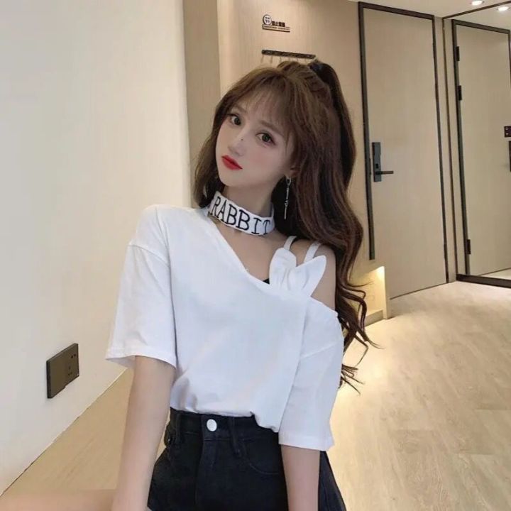 35 Summer New Korean Style Sense of Design Tie Neck off Shoulder Short Sleeve T Women's T-shirt ins Super Hot All-Matching Loose Preppy Style Top