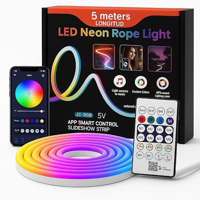 5M RGB-IC Neon LED Strip Light – 60+ Dynamic Effects, Smart App ...