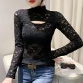 New Fashion Long Sleeve Lace Personality Hollow-out Slim Fit Slimming Versatile Half-High Collar Bottoming Shirt Women's Fashion.
