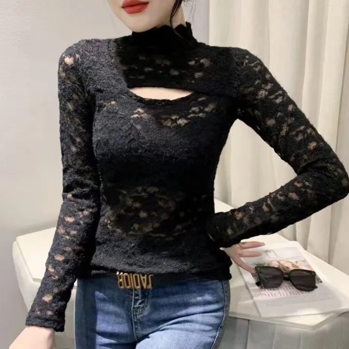 New%20Fashion%20Long%20Sleeve%20Lace%20Personality%20Hollow-out%20Slim%20Fit%20Slimming%20Versatile%20Half-High%20Collar%20Bottoming%20Shirt%20Women's%20Fashion%20-%20Image%207