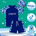 Big Kids Swimsuit Children's Swimsuit Boys' Split Medium and Big Children Fat Boys Teenagers Sun Protection Swimming Cap Swim Trunks Set. 