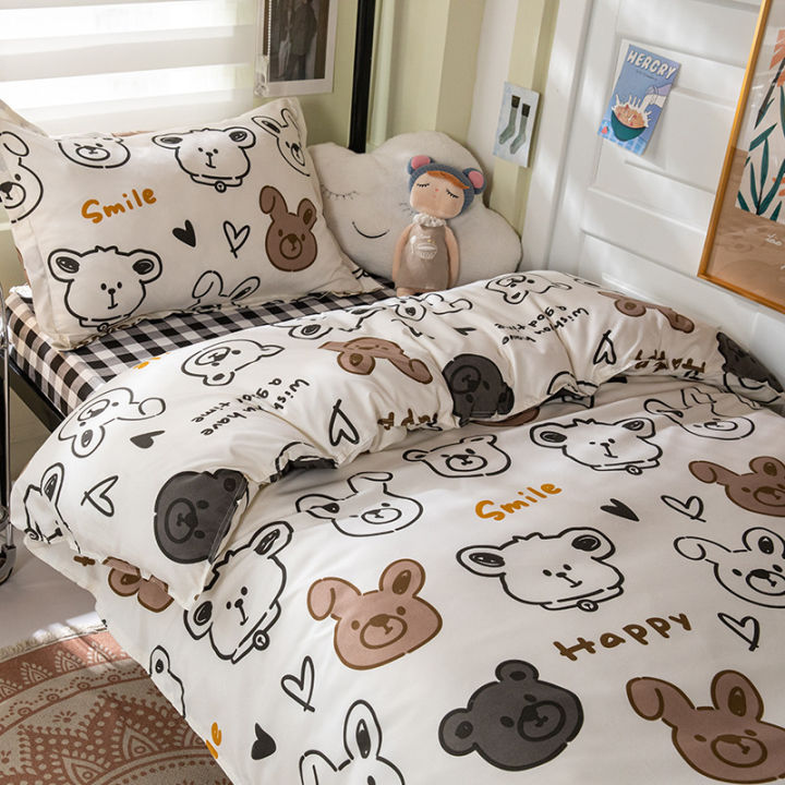 insBed Sheet Four-Piece Cartoon Amusement Park Non-Slip Bed Sheet Double Quilt Cover Student Dorm Bedding