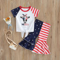 Independence Day Little Girls Outfit, Short Sleeve Round Collar Cow Head Printing Tie Up Tops + Splicing Bell-bottomed Pants. 