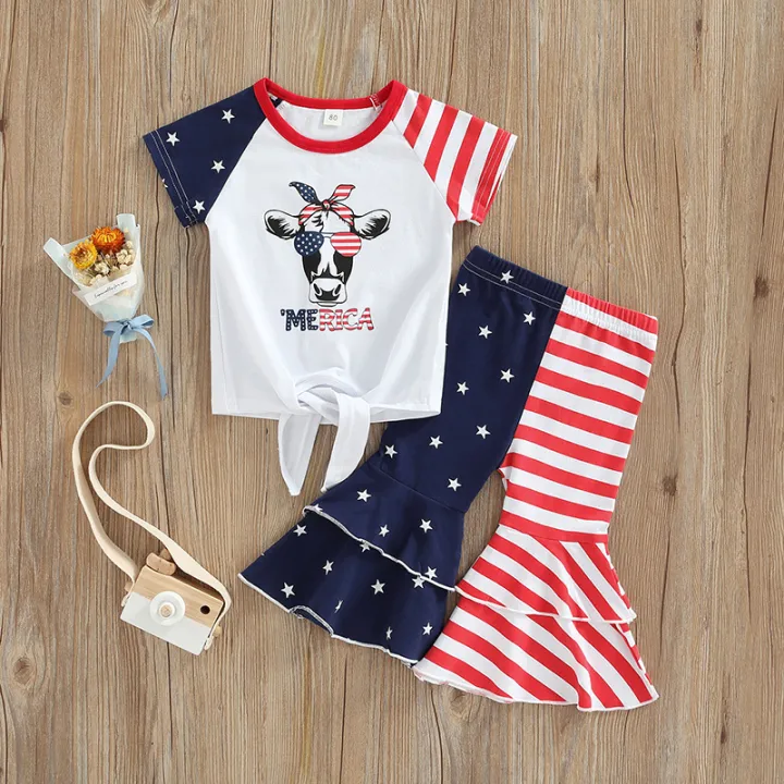 Independence%20Day%20Little%20Girls%20Outfit,%20Short%20Sleeve%20Round%20Collar%20Cow%20Head%20Printing%20Tie%20Up%20Tops%20+%20Splicing%20Bell-bottomed%20Pants%20-%20Image%203