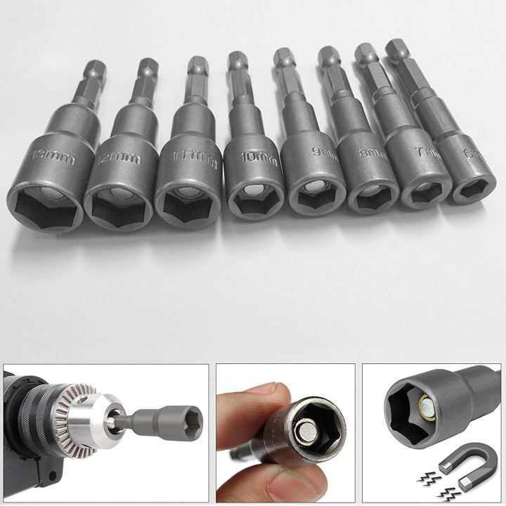 8pcs%201/4%20inch%20Hex%20Magnetic%20Nut%20Driver%20Socket%20Set%20Metric%20Impact%20Drill%20Bits%206%20to%2013mm%20Adapter%20-%20Image%203