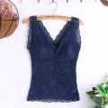 Fashion Women Lace Flower Crop Top With Chest Pad Long V-Neck Sleeveless Solid Color Vest Tops Camisole. 
