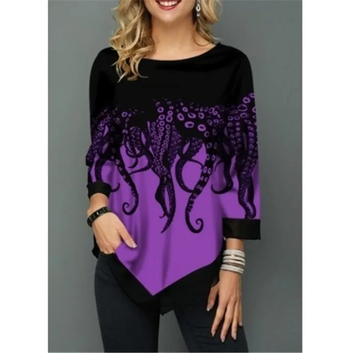 Spring%20Summer%20Irregular%20Print%203/4%20Sleeve%20T-Shirts%20Women%20Clothing%20Fashion%20Casual%20Tops%20Plus%20Size%20Loose%20Pullovers%20Tee%20Shirt%20Femme%20-%20Image%206