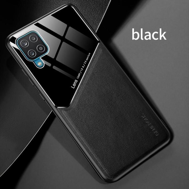 Lenuo For Samsung Galaxy A12 Case Leather Texture Car Magnetic Holder Back Cover Soft Silicon Frame Shockproof Casing