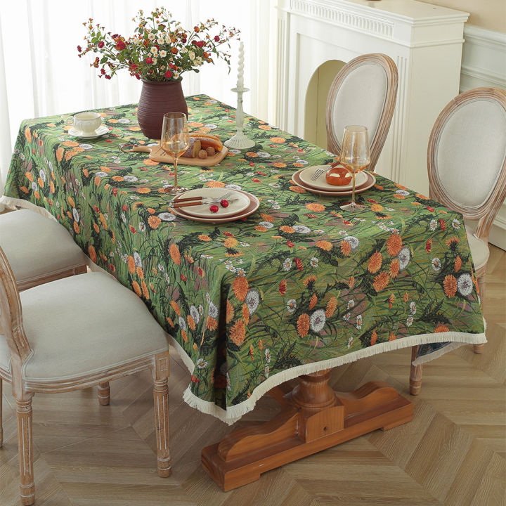 New vintage oil painting style tablecloth, TV cabinet cover towel, American jacquard cotton linen cover cloth, household rectangular tablecloth