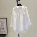 Double Pocket Front Short Back Long White Shirt for Women 2 023 Autumn Korean Style Loose Artistic bf Fashionable Casual Shirt.