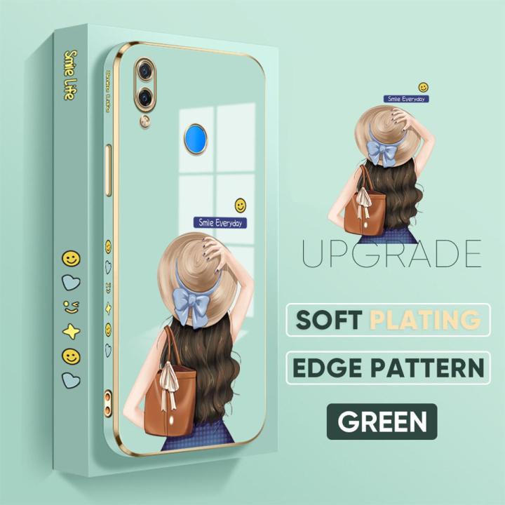 Jizetin (Free Lanyard) for Huawei Nova 3i / P Smart Plus Back Cover Girl In Hat Luxury 6D Plating Case Side Pattern Soft Silicone Square Mobile Phone Cases