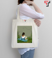 Customizely Illustrated bengali girl with saree Printed Black and White Canvas Tote Bag with Zipper for Girls.