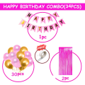 Happy Birthday Decorations Pink Combo Set - Metallic Balloons, Birthday Banner, Foil Curtain, and Glue Dot Roll - 34 Pieces of Party Perfection. 