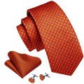 Fashion Orange Yellow Men Tie Luxury Silk Plaid High Quality Pocket Square Cufflinks Sets Groom Wedding Gifts Barry.Wang 6484.