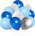 Happy Birthday Decoration Combo Pack – Blue Backdrop Foil Curtain, Light Blue Paper Birthday Banner With Metallic Balloons.