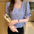ZANZEA Korean Style Women Holiday Floral Printed Shirt Romantic Puff Sleeve Crop Blouse Tops. 