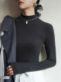 Micron Velvet Half Turtleneck Bottoming Shirt Women's Autumn and Winter Inner Wear Dralon plus Velvet Mid Collar Slim Long Sleeve Top.