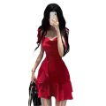 Pure desire style spicy girl red camisole dress for women's summer new design, with sense of niche temperament and a slimming waist. Short skirt. 
