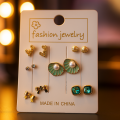 Trendy 6 Pair Stud Earring Set for Women & Girls – Blue Floral, Pearl, and Gold Design, Fashion Jewelry Gift Set.