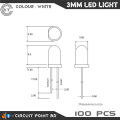 3mm White LED Light Clear Transparent (Bright) 100 Pcs Pack. Indicator LED, Lighting or General Purpose LED.. 