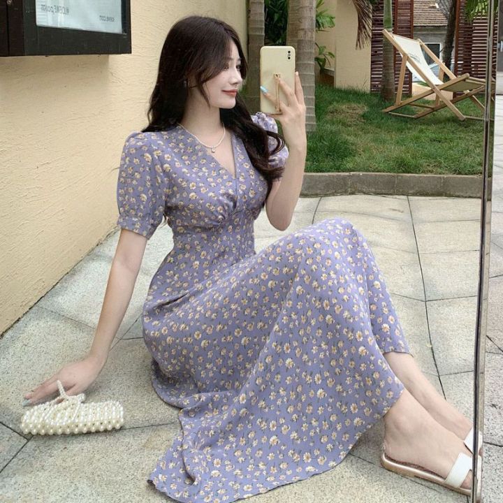 sachin and babi light blue dress French First Love Puff Sleeve Chiffon Dress Fairy Lady Super Fairy Air Mori  Style Summer Princess Seaside Holiday Beach Dress