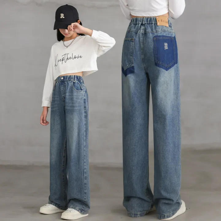 Girls%20spring%20jeans%202024%20new%20girls%20spring%20and%20autumn%20elastic%20waist%20fashion%20retro%20loose%20wide-leg%20pants%20-%20Image%203