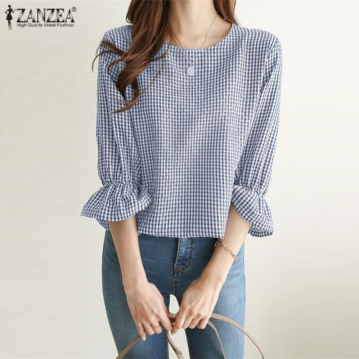 ZANZEA%20Women%20Fashion%20Short%20Sleeve%20Plaid%20Check%20Shirt%20Blouse%20Asymmetrical%20Hem%20Loose%20Tops%20#2%20-%20Image%203