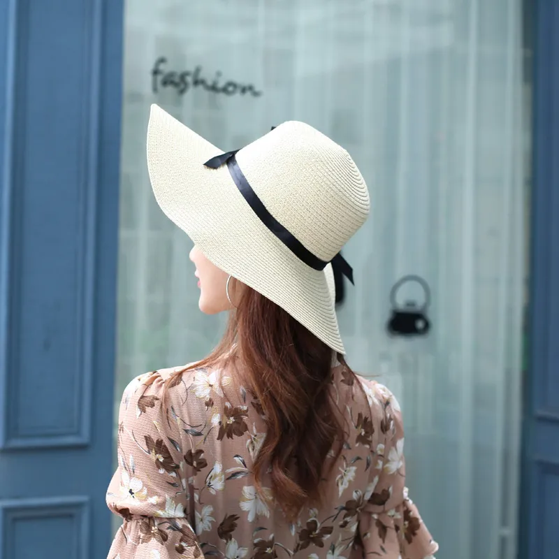 Summer Women Big Wide Brim Ribbon Sun Hat Black solid Beach Hat Girls  Outdoor Travel Floppy Straw Hats UV Protection Panama