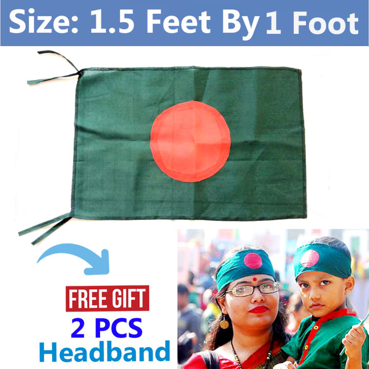 National Flags of Bangladesh 1.5ft x 1ft Set-C Chinese Fabrics Potaka Any Event Patriotism Celebrating Victory or Independence Day Stationery & Craft Green Red Colored - Awesome Gift Item Model Combo Package (2 PCS Headband Free Gift)