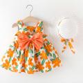 2pcs Bow Baby Girls Dress Summer Flower Fashion Sling Dresses Girl Kid's Dress Baby Clothes New Born Kids Clothes Send Hat. 