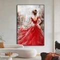 Original Hand-painted The Girl In A Red Dress Abstract Figure Art Oil Painting Wall Painting with Cotton Fabric for Living Room. 