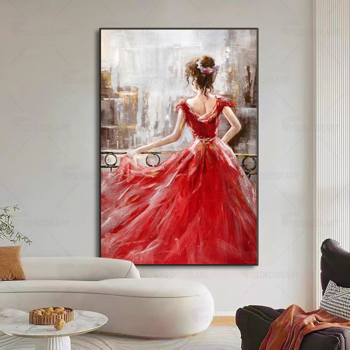 Original Hand-painted The Girl In A Red Dress Abstract Figure Art Oil Painting Wall Painting with Cotton Fabric for Living Room