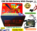 12V 9Ah CSB Battery With Charger - Combo Pack / Lead Acid Battery / 12V Battery CSB / Made in Vietnam / 12V 9Ah UPS Battery / CSB 12V Battery / 12v 9Ah CSB Battery.