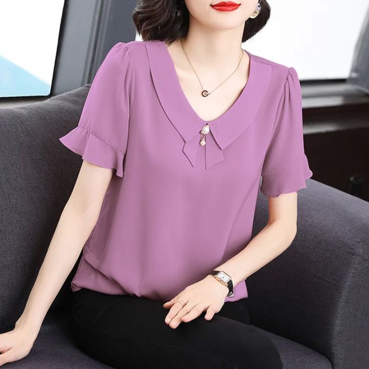 Chiffon women's summer wear 2024 new style, stylish and age reducing temperament, lotus leaf sleeve small shirt for middle-aged mothers, short sleeved top