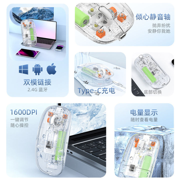 Foreign trade new transparent dual-mode bluetooth wireless mouse rechargeable silent office mouse neutral spot wholesale