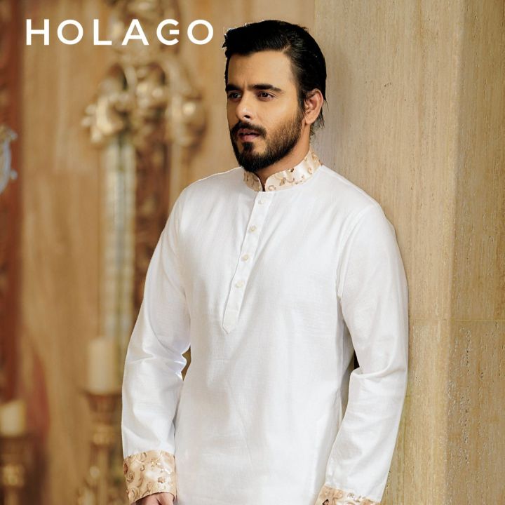 Holago Amber Gold Mountain White Panjabi for Men