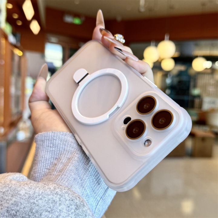 HOCE Metal Ring Stand Magnetic Cases For iPhone 17 16 15 14 13 12 11 Pro Max Plus MagSafe Case With Lens Film Protector Shockproof Frosted Back Phone Cover