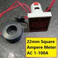 SQUARE AMP Meter 100A DIGITAL Ampere Meter 22mm Panel Mount Ampere Meter Digital AC 01-100A LED Digital Display Amp Meter Testers Indicator Light With Current Transformer CT. 
