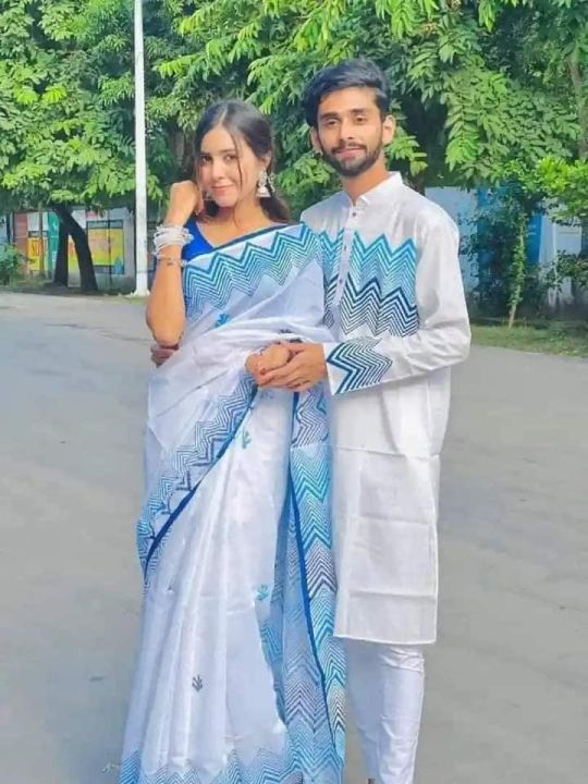 Block Print Half Silk Saree And Dhupian Panjabi For all couple set