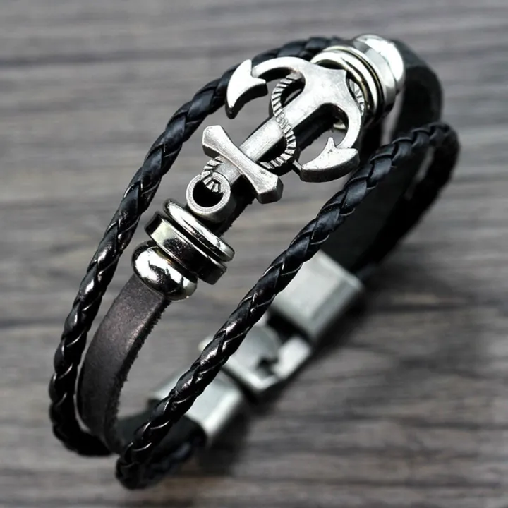 Black Braided Men Leather Bracelet Stainless Steel Magnetic Buckle